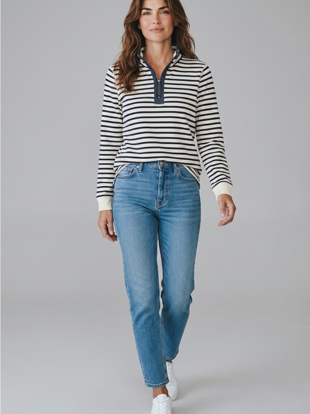 L.L. Bean Navy and White Striped Half-Zip Pullover